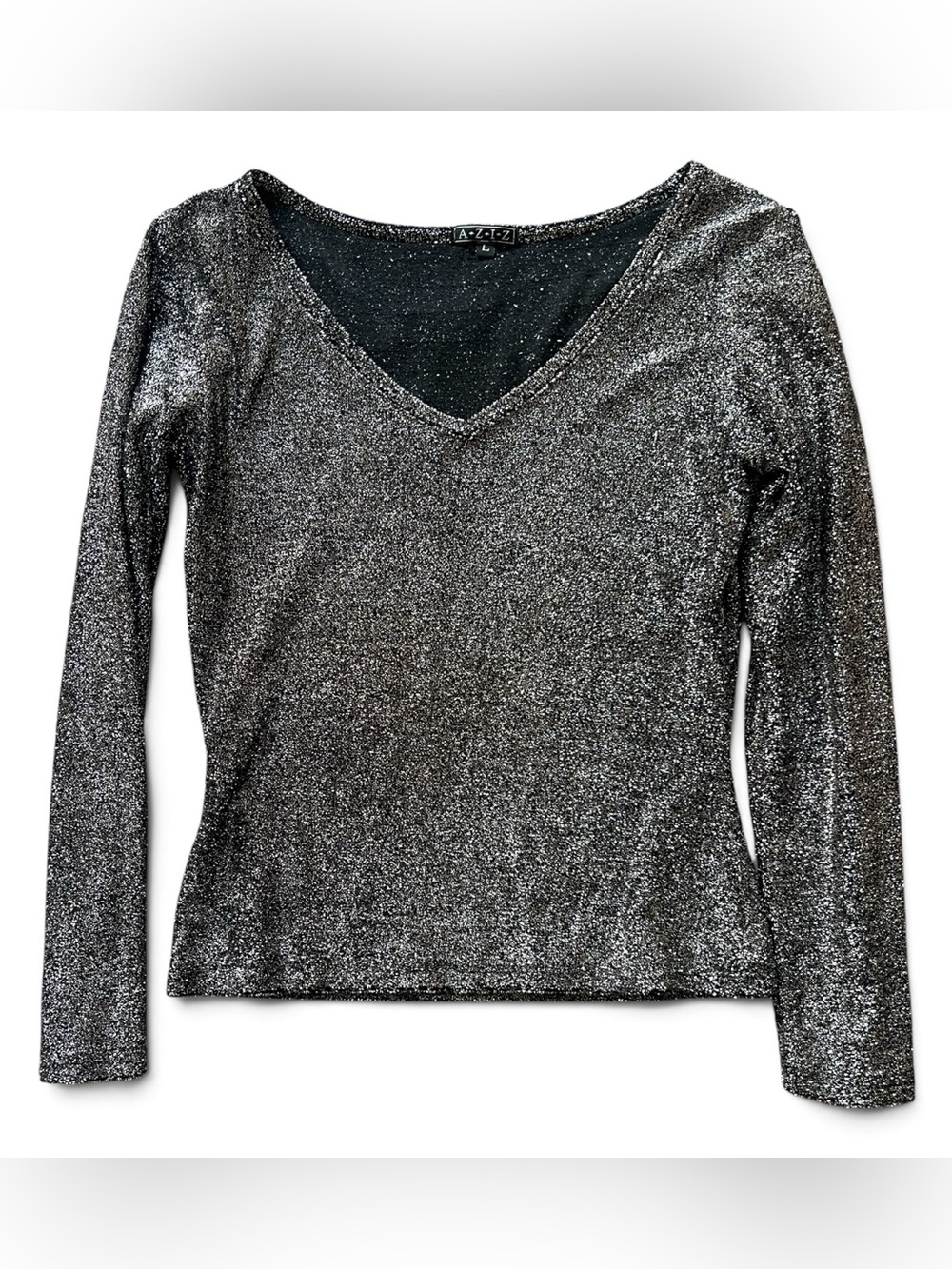 Silver Knit V-Neck Long Sleeve Top AZIZ 90’s disco LG